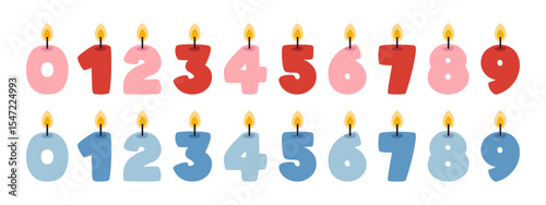 Vector set of funny numbers candles. Cute candlelights shaped like numbers collection. Set of burning birthday cake candles in flat design. Age year candles for baby boy or girl.