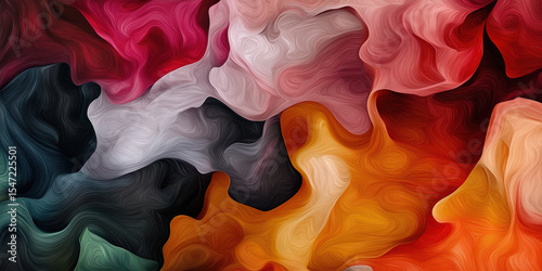 Abstract digital art with swirling, textured patterns in red, orange, pink, black, and white hues, creating a dynamic and vibrant visual flow.