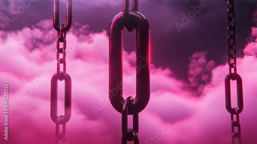 Close-up of metallic chains hanging with a smoky pink and purple background creating a surreal and industrial atmosphere.