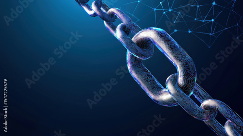 close-up of a metallic chain link with a digital network background symbolizing blockchain or secure connections.