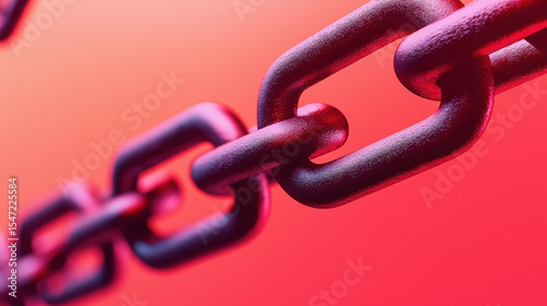 Close-up of a red metal chain link with a blurred background in warm red and pink tones.