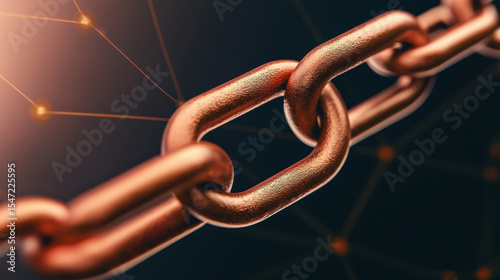 Close-up of a strong metal chain link glowing with a warm light, symbolizing strength, connection, and security in a digital network environment.