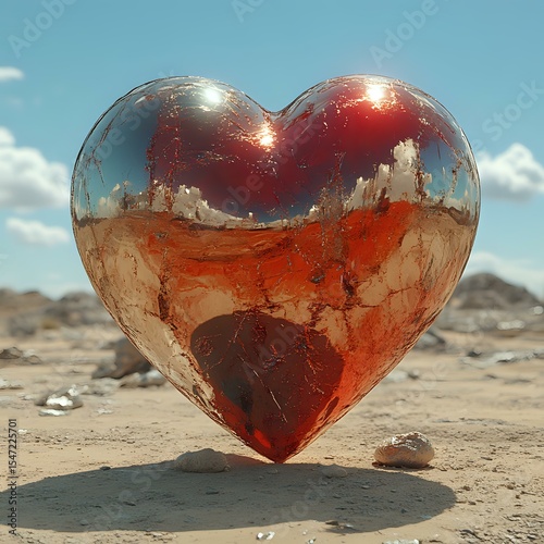 Glass heart filled with red liquid floating above desert sand against blue sky with white clouds, mystical romantic atmosphere for Valentine's day designs.