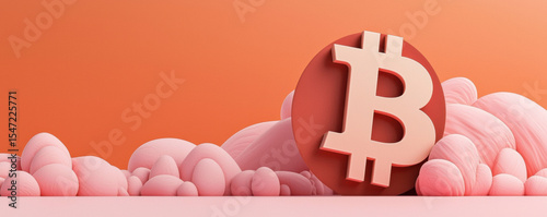 stylized Bitcoin symbol stands prominently against a soft, cloud-like background in shades of pink and orange.