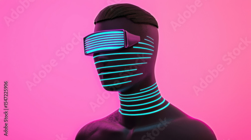  futuristic figure wearing neon-lit glasses and stripes on a face and neck against a pink background.