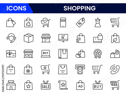 Vibrant vector web line icons depicting shopping, e-commerce, carts, payments, and seamless online retail experiences for dynamic consumer engagement.