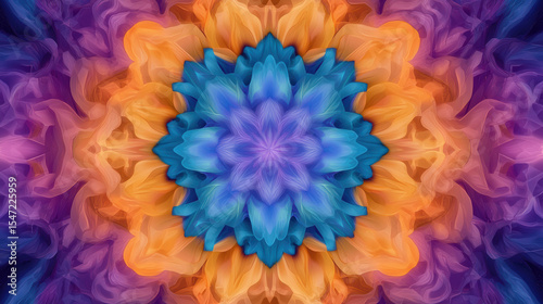  vibrant, symmetrical kaleidoscopic pattern featuring layered petals in blue, orange, and purple hues with a glowing, textured appearance.