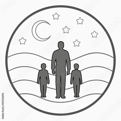 Grey Silhouette Father Two Children Crescent Moon Stars Night Sky Waves Circular Line Art family