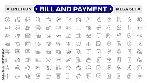 Bill and Payment Outline icon set. Containing finance related icons. bill, receipt, invoice, document, atm, cash, cryptocurrency, blockchain, banking, payments.