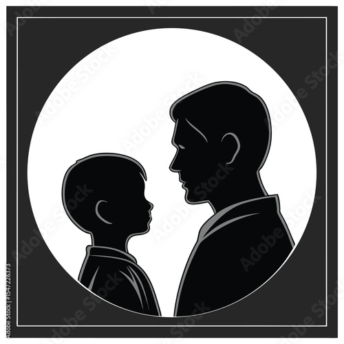 Minimalist grayscale silhouette father son facing each other circular frame dark gray border