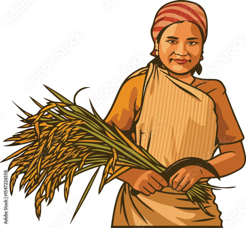 A girl harvests rice in Meghalaya vector illustration