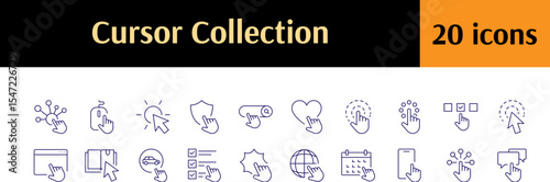 Computer and Monitor Thin Line Icon Set. Cursor, Pointer Outline Signs for Graphic and Web Design, Apps, Adverts, Various Cards