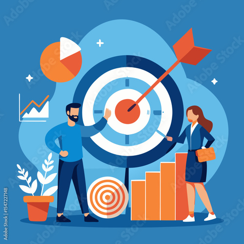 Business team achieving goals with strategy and planning hitting the target and growing charts on blue background
