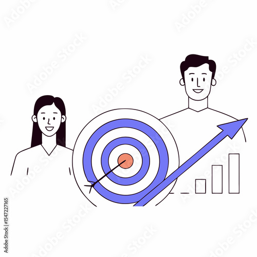Business success concept with man and woman achieving goals and improving performance with target and arrow