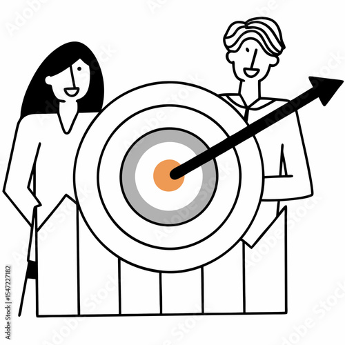 Teamwork achieving goals with target and arrow business success strategy and progress illustration for presentations and marketing materials