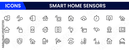 Sleek vector web line icons depicting smart home sensors, automation, security, temperature control, and connected devices for intelligent living.