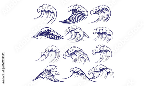 Ocean wave vector illustration in Japanese woodcut style