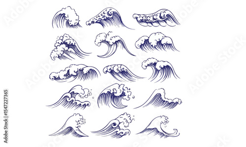 Ocean wave vector illustration in Japanese woodcut style
