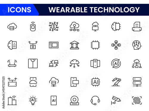 Sleek vector web line icons depicting wearable technology, smartwatches, fitness trackers, sensors, and innovative devices for connected lifestyles.