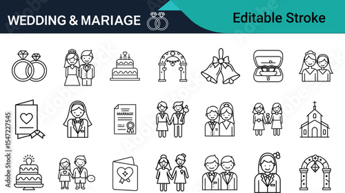 Wedding & Marriage Line Icon Set Editable Stroke Vector Graphic .