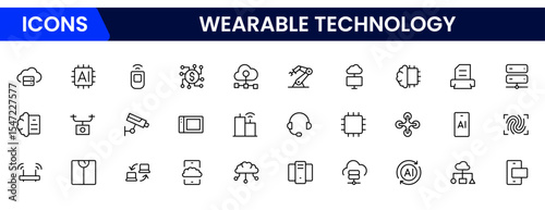 Sleek vector web line icons depicting wearable technology, smartwatches, fitness trackers, sensors, and innovative devices for connected lifestyles.