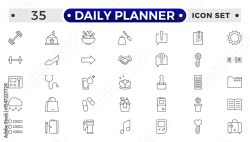 Daily Planner Outline icon set. Containing schedule, to-do list, task, manage time, planner, calendar, delegation, reminder, timer, set priorities and Time management.