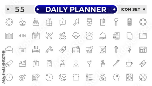Daily Planner Outline icon set. Containing schedule, to-do list, task, manage time, planner, calendar, delegation, reminder, timer, set priorities and Time management.