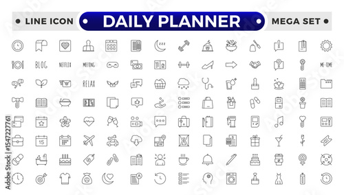 Daily Planner Outline icon set. Containing schedule, to-do list, task, manage time, planner, calendar, delegation, reminder, timer, set priorities and Time management.