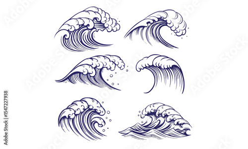 Ocean wave vector illustration in Japanese woodcut style
