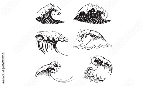 Ocean wave vector illustration in Japanese woodcut style