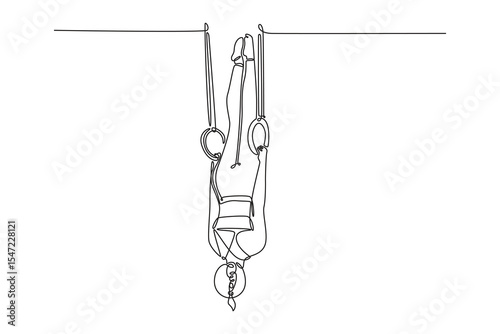 Continuous one line drawing active female gymnast athlete looking down while doing calisthenics core stability exercise with gymnastic rings in gym. Single line draw design vector graphic illustration