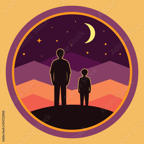Father Son Silhouettes Sunset Night Sky Stars Moon Warm Colors Simple Graphic Design vector