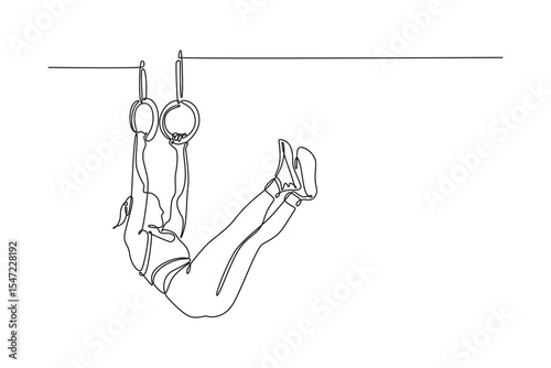 Continuous one line drawing young beauty female athlete training with gymnastics rings in fitness gym. Sportswoman perform stunt in sports clothes. Single line draw design vector graphic illustration