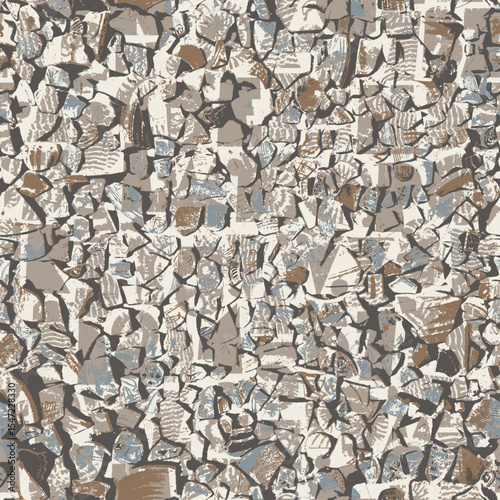 Seamless background or texture with fragments of ancient clay and porcelain plates, cups, amphoras with national folk ornaments. Fabric, wrapping paper, wallpaper, ceramic tiles. No AI used