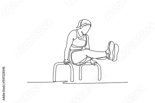 Continuous one line drawing muscular young girl doing calisthenics on parallel bars indoor. Athlete practicing balance and power. Healthy lifestyle. Single line draw design vector graphic illustration