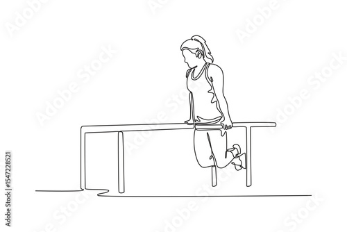 Single one line drawing beauty female gymnast exercising on parallel bars in modern health club. Strong gymnast perform stunt in sports clothes. Continuous line draw design graphic vector illustration