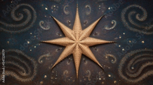 Mystical golden guiding star on a textured, celestial background with starry swirls