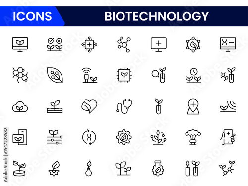 Innovative vector web line icons depicting biotechnology, DNA, lab research, genetic engineering, and cutting-edge medical and scientific advancements.