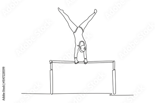 Single continuous line drawing fit female gymnast performing upside down handstand uneven bars in arena. Movement, action, motion, healthy lifestyle. One line draw graphic design vector illustration