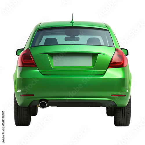 Green Car Back View Isolated on Pure White Background

