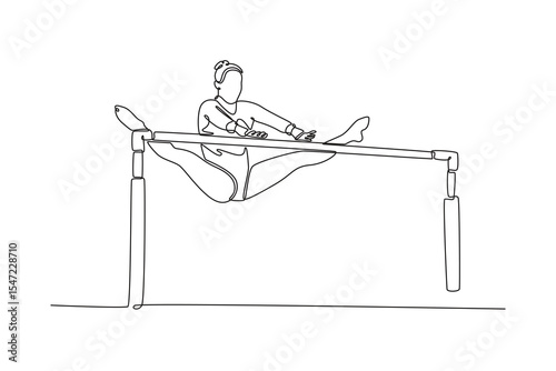Single continuous line drawing female gymnast exercise uneven bars in championship gymnastics artistic, summer sport games. Perform acrobatic motion. One line draw graphic design vector illustration