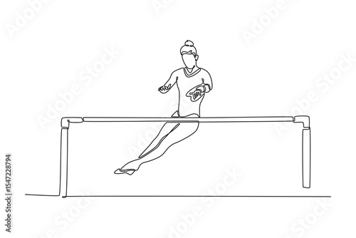 Single continuous line drawing female gymnast swinging and jumping on uneven bars. Flexible woman athlete training in gym. Healthy lifestyle. Dynamic one line draw graphic design vector illustration