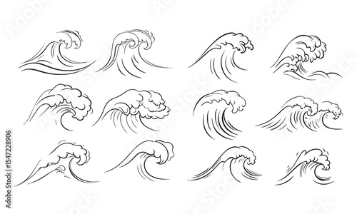 Ocean wave vector illustration in Japanese woodcut style