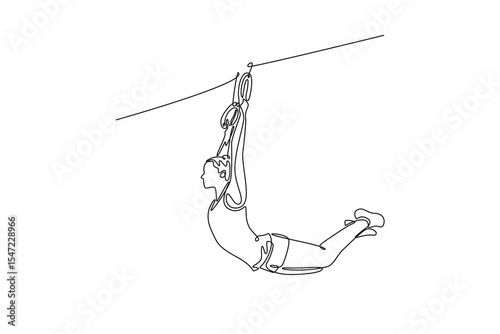 Single one line drawing fit female gymnast swinging on gymnastic rings while doing muscle up and balance exercise during calisthenics workout in gym. Continuous line design graphic vector illustration