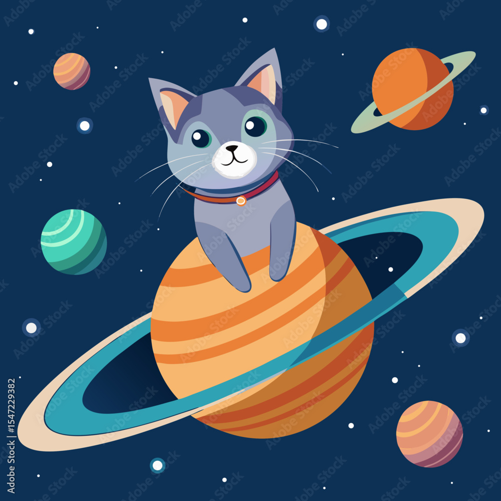 Naklejka premium Cute cat astronaut on a planet in space