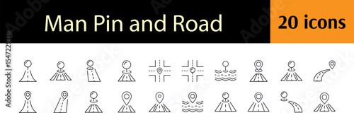 Way and Path Line Icon Set. Road and Map Pin Outline Signs for Graphic and Web Design, Apps, Adverts, Various Cards