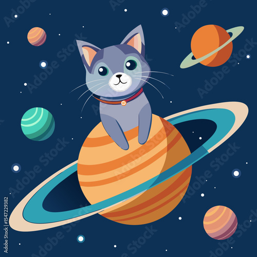 Cute cat astronaut on a planet in space