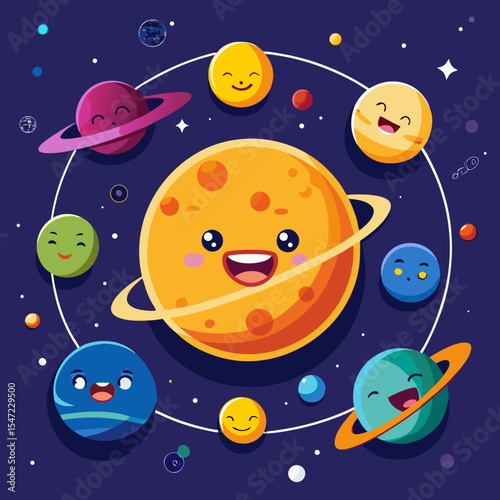 Happy cartoon planets in space solar system illustration