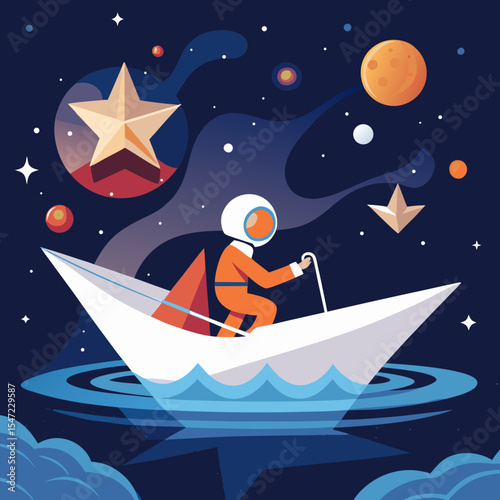 Astronaut sailing paper boat in space towards star