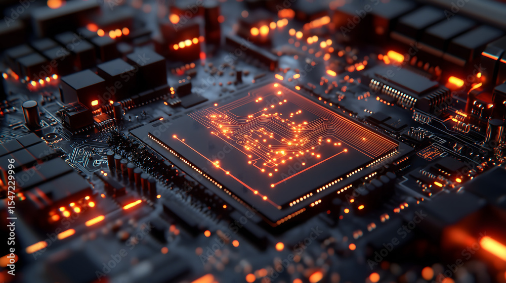 Fototapeta premium close-up of an AI microchip installed on a futuristic motherboard, glowing circuits pulsating with orange lights